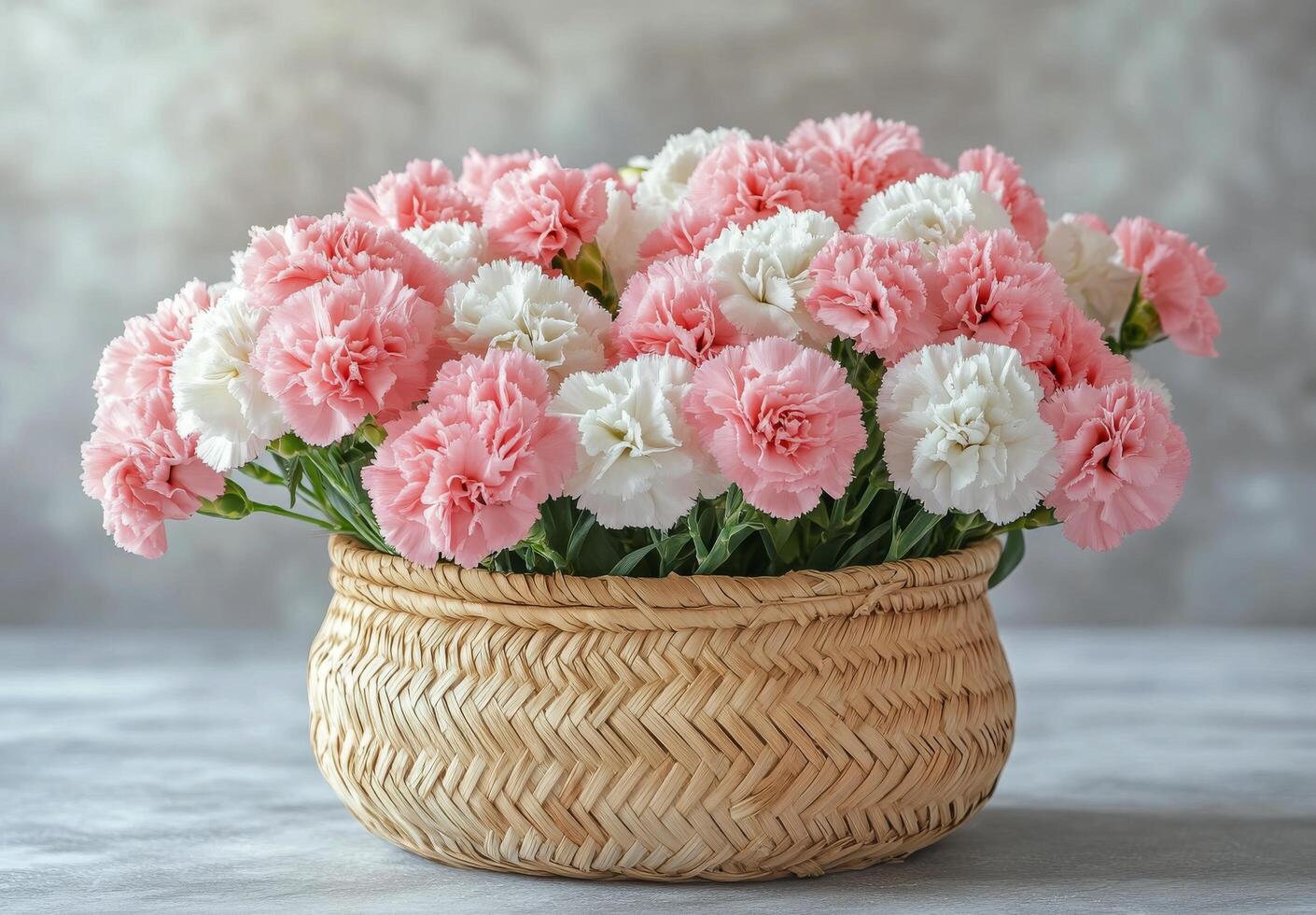 Pink and white carnations arranged in a woven basket on a textured background photo