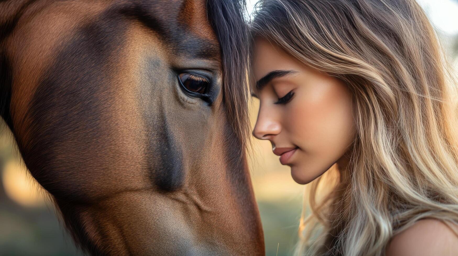 Young woman softly interacting with a horse during golden hour in a serene forest photo