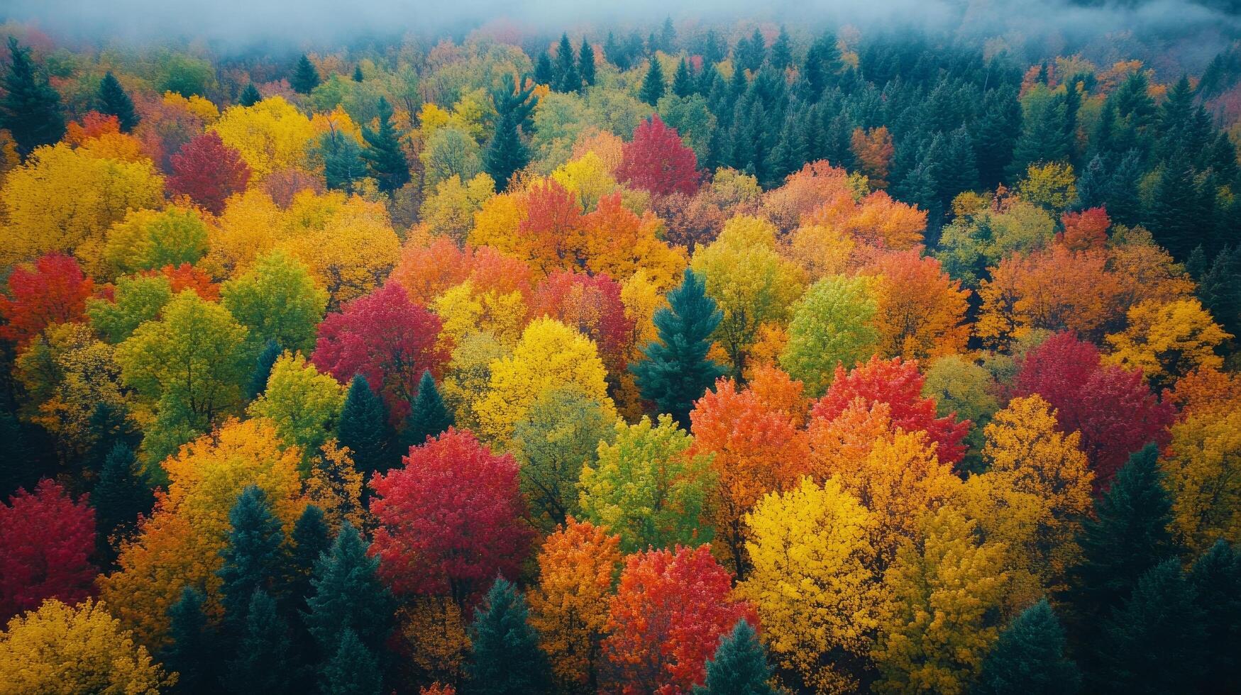 Vibrant autumn foliage in a dense forest under morning mist photo