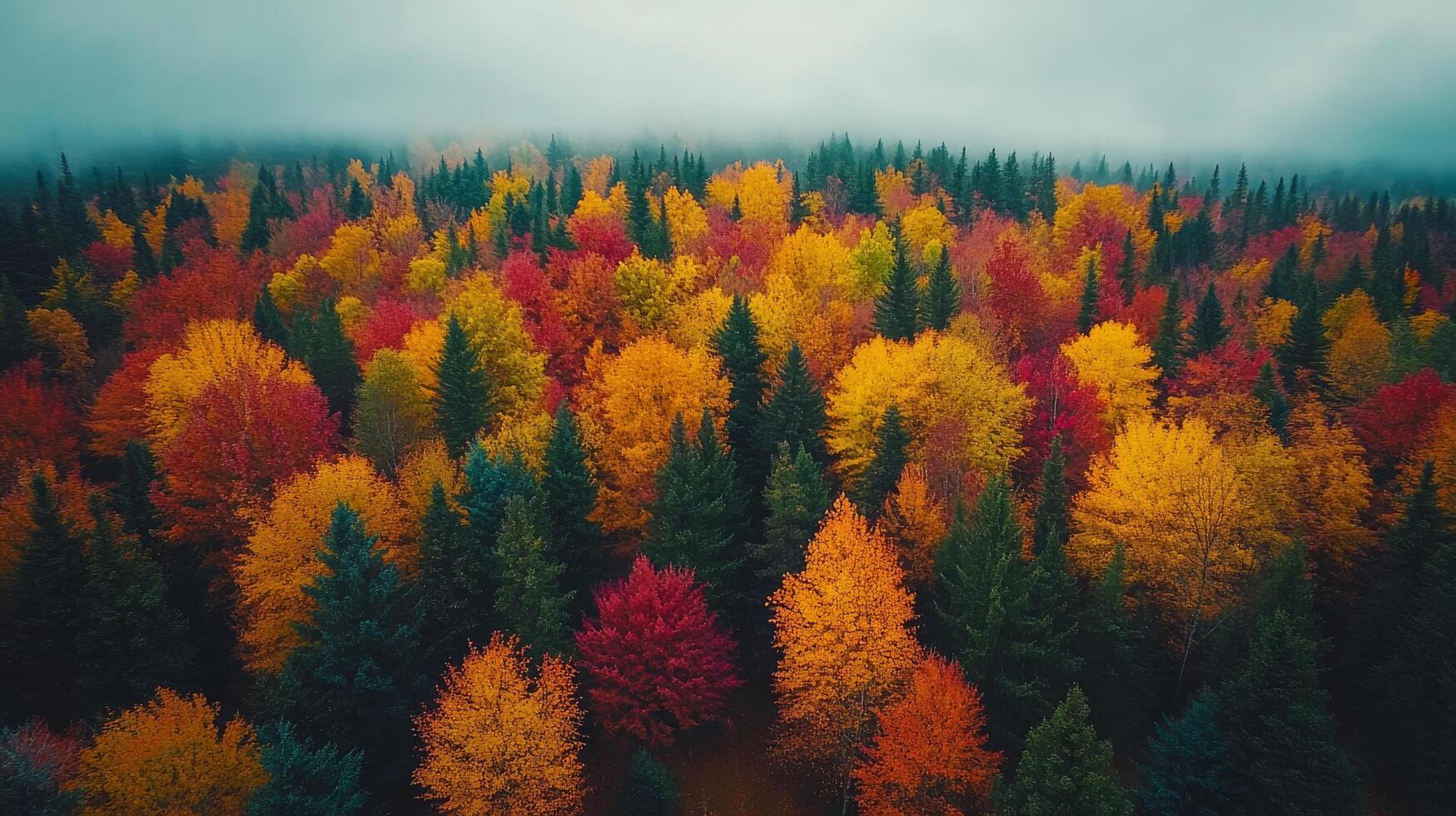 Vibrant autumn foliage in a dense forest under morning mist photo