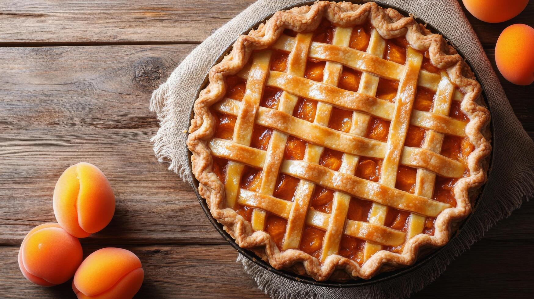 Lattice-top peach pie on a rustic wooden table with fresh apricots nearby photo
