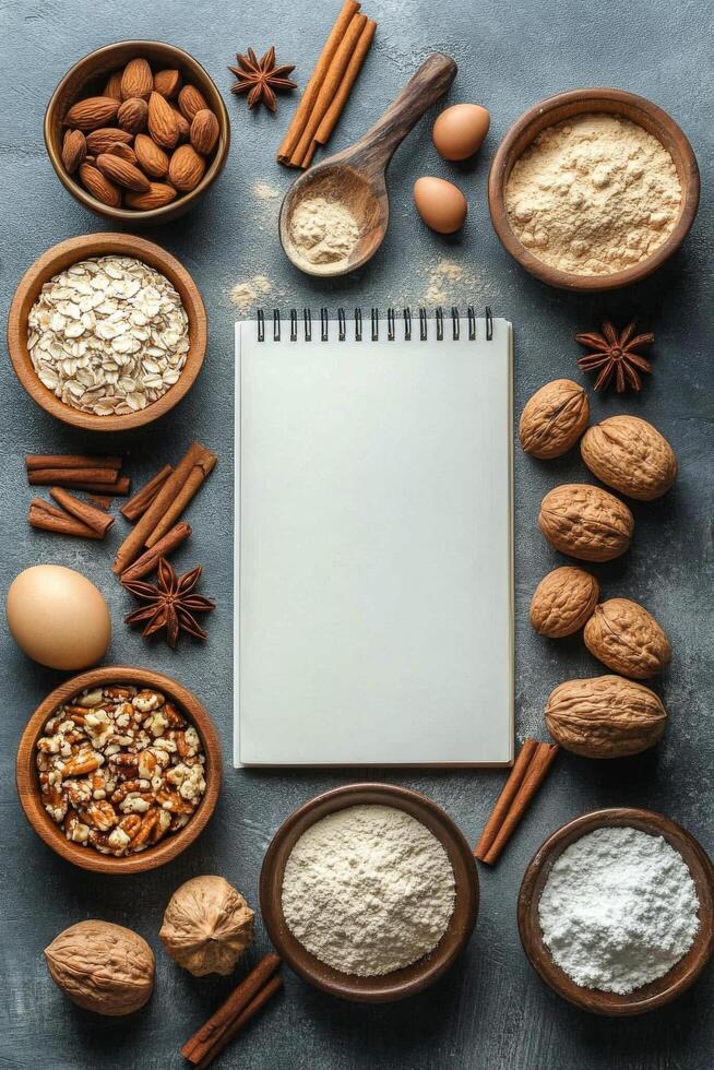 Festive baking preparation with spices, cookies, and festive decorations on a countertop photo