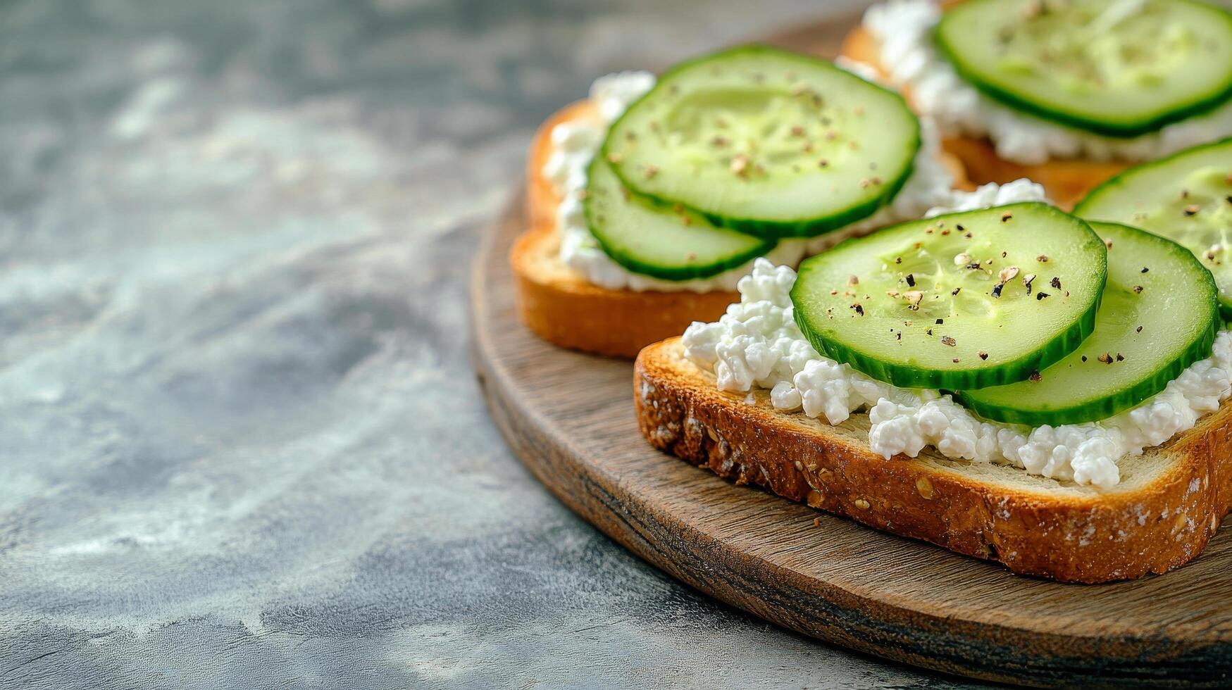 Fresh cucumber slices on creamy cheese spread atop toasted bread with herbs in a rustic setting photo