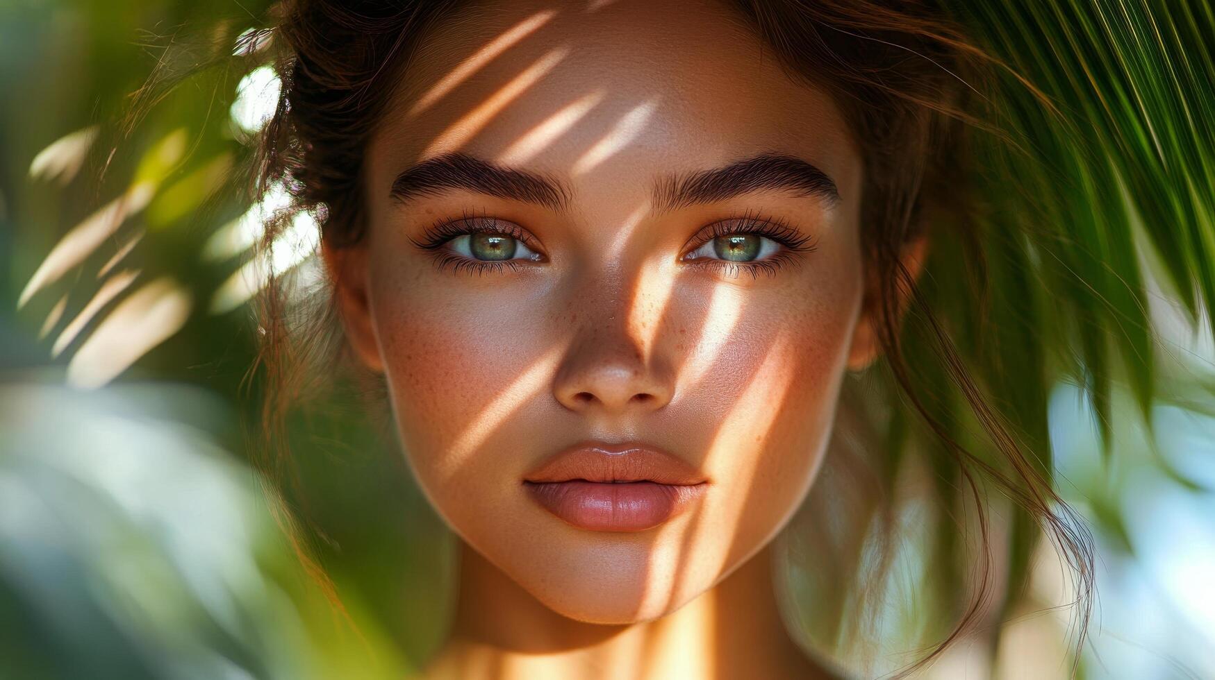 Young woman with captivating eyes illuminated by natural light and shadow patterns photo