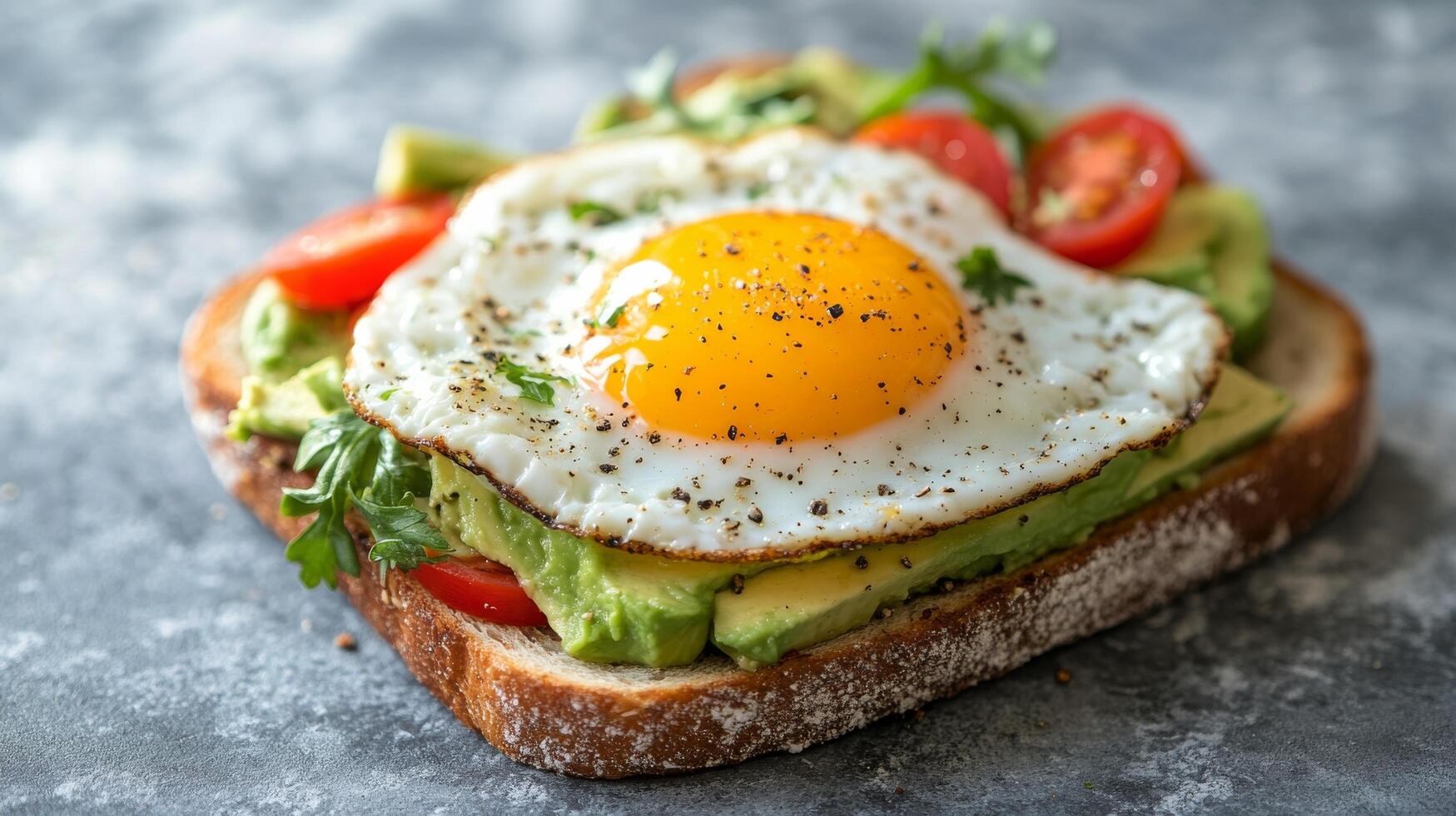 Avocado toast with fried egg on whole grain bread on a dark surface with fresh ingredients photo