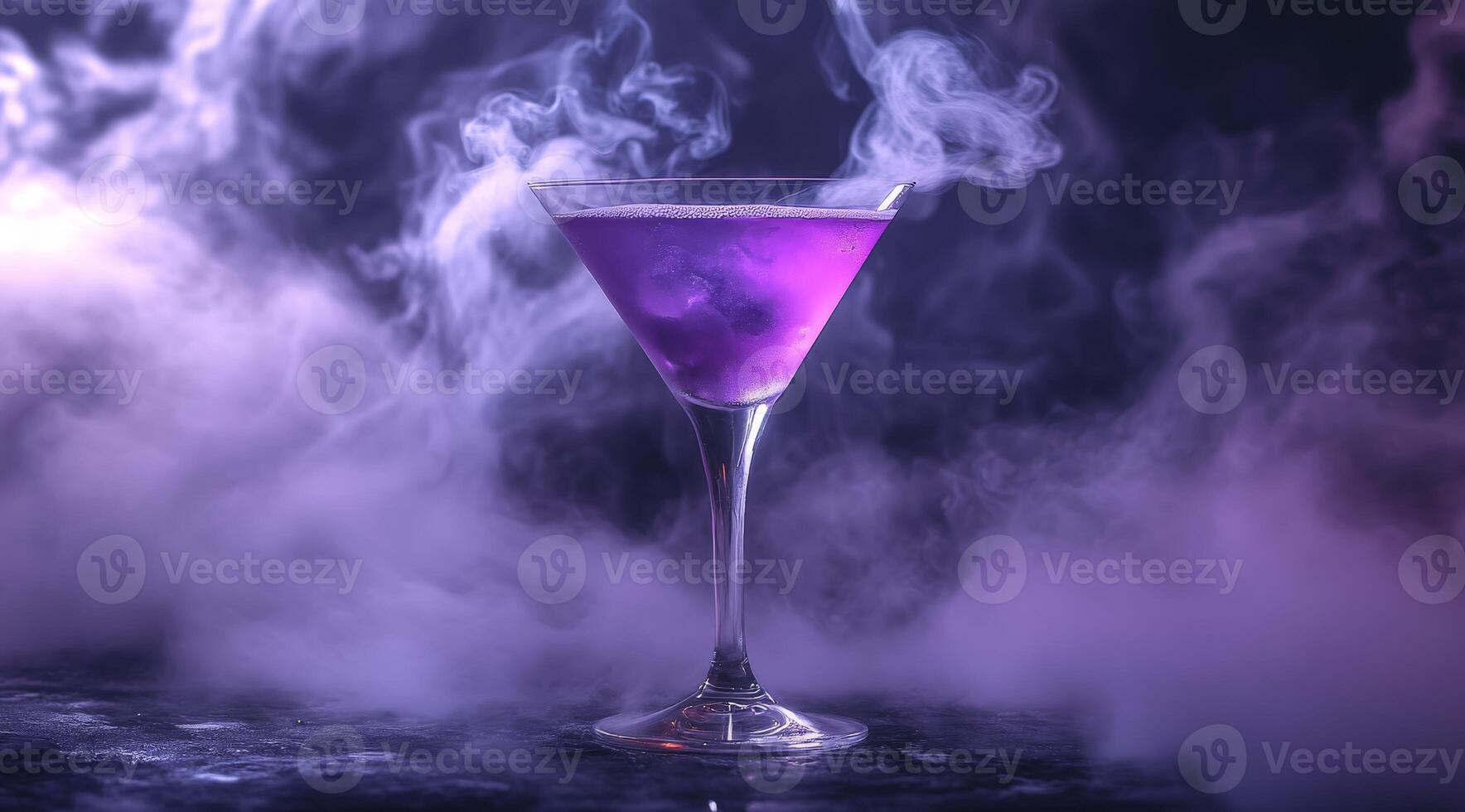 This vivid purple cocktail, enhanced by swirling liquid nitrogen fog, creates an enchanting atmosphere perfect for celebrating special occasions and leaving a lasting impression on everyone photo