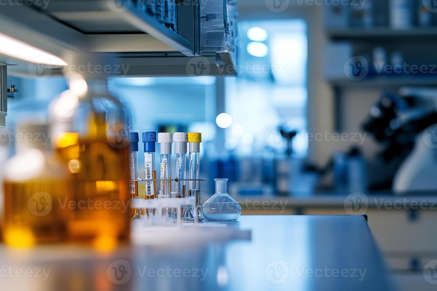 A modern lab table highlights a variety of glassware, vials, and an advanced microscope, illustrating a wellequipped scientific environment that promotes discovery and innovation photo