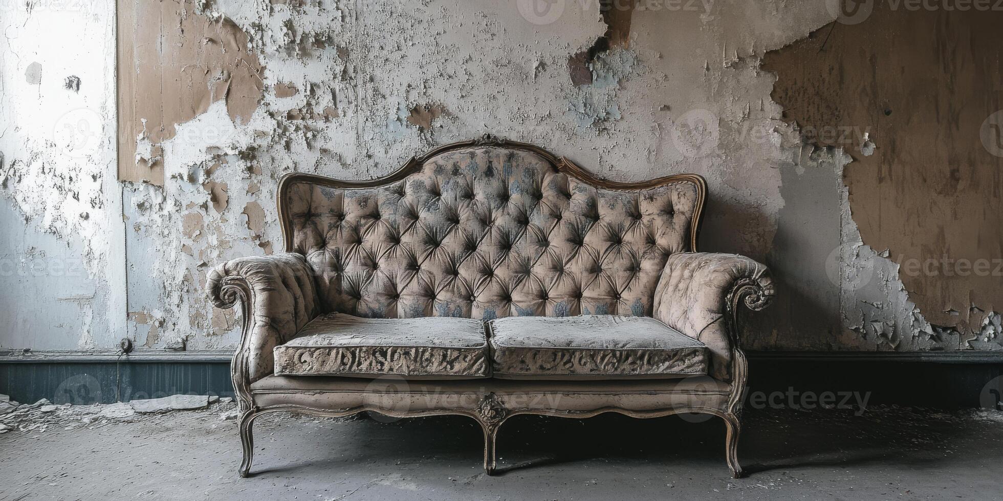 A tufted couch against a weathered wall evokes vintage charm and nostalgia in this abandoned setting, creating a retreat for cherished memories and meaningful experiences to resurface photo