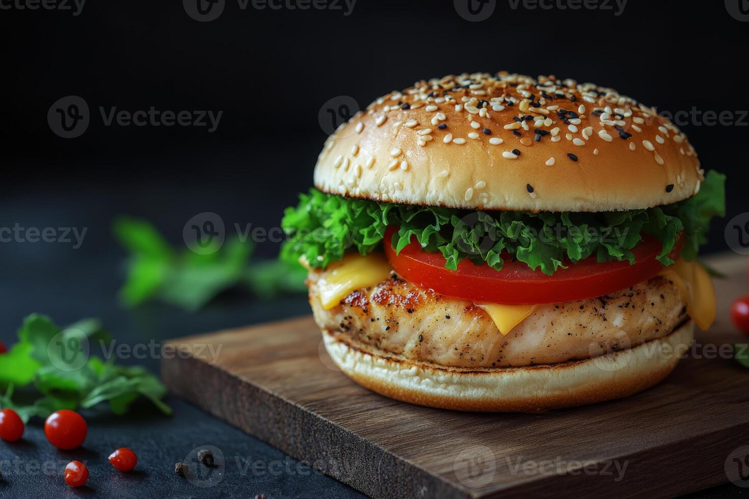 A mouthwatering chicken burger featuring a grilled chicken patty, lettuce, tomato, and melted cheese, all in a sesame seed bun photo