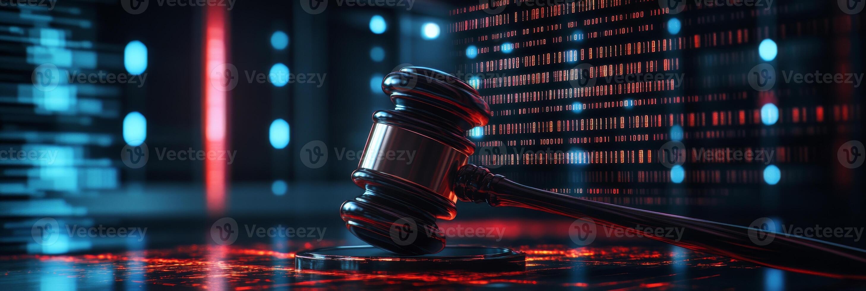 A striking and powerful image features a judicial gavel prominently positioned against the backdrop of a hightech AI data center, effectively blending themes of justice with cuttingedge technology photo