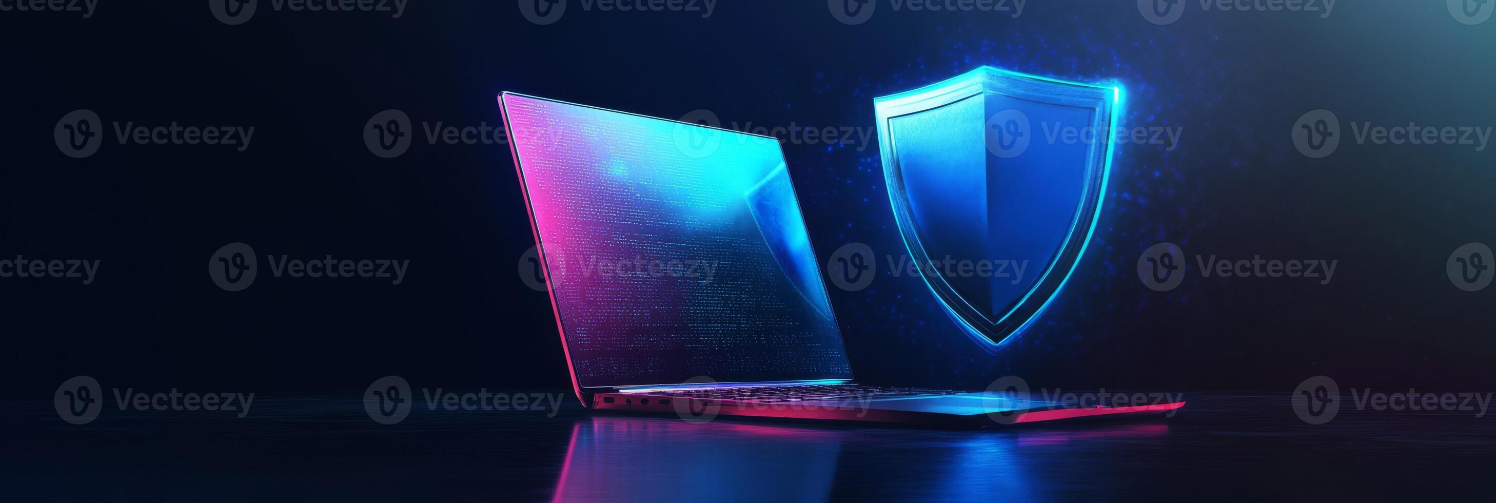 This abstract cyber security illustration features a modern laptop and a sleek blue guard shield, symbolizing the vital themes of protection and security in the vast digital world photo