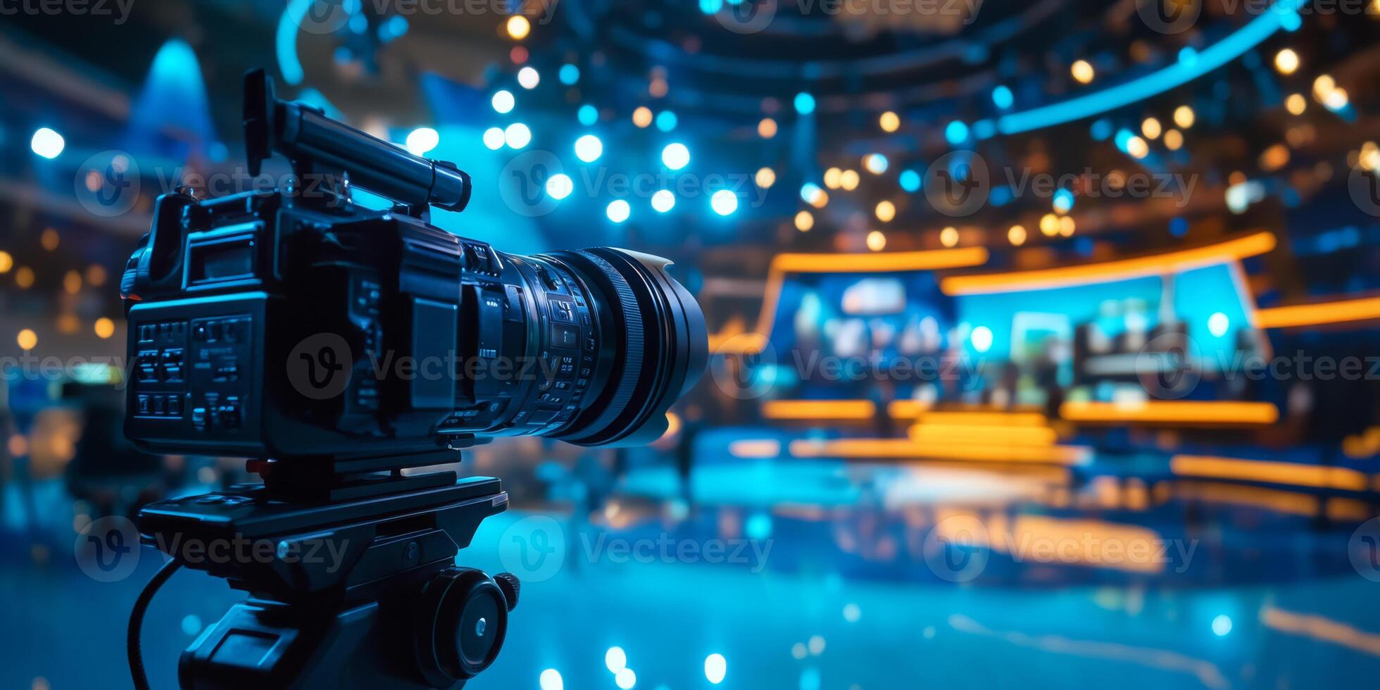 In a vibrant television studio filled with stateoftheart lighting and an imaginative stage design, a highend professional camera is prominently showcased, enhancing the overall scene photo