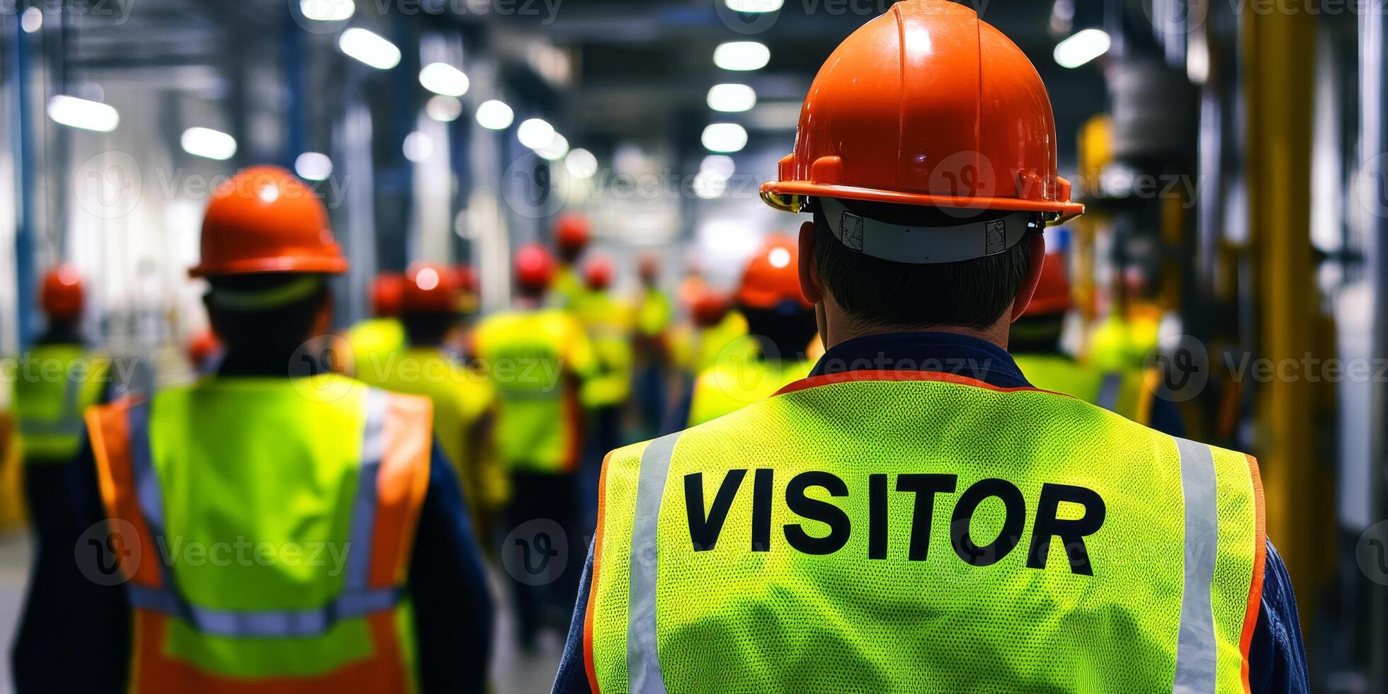 In a bustling industrial area, a solitary individual clad in safety gear stresses the vital importance of adhering to all required safety protocols for every visitor during factory tours photo