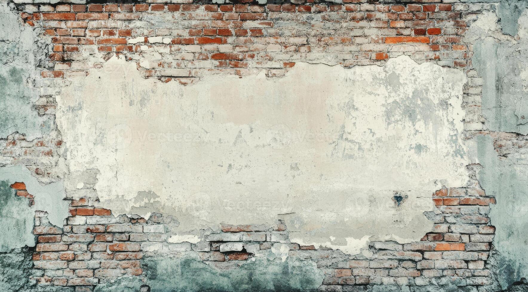 This image portrays a weathered brick wall that showcases exposed bricks along with peeling paint, which offers plenty of open space for innovative and creative designs. Ideal for artistic projects photo