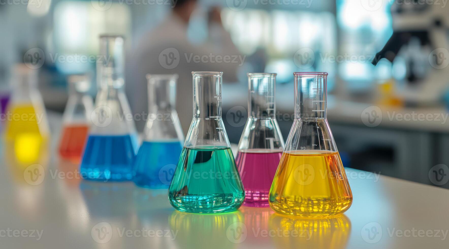 The lab table showcases colorful beakers with intriguing liquids, illustrating the exciting chemistry experiments in a modern, wellequipped laboratory designed for successful research photo