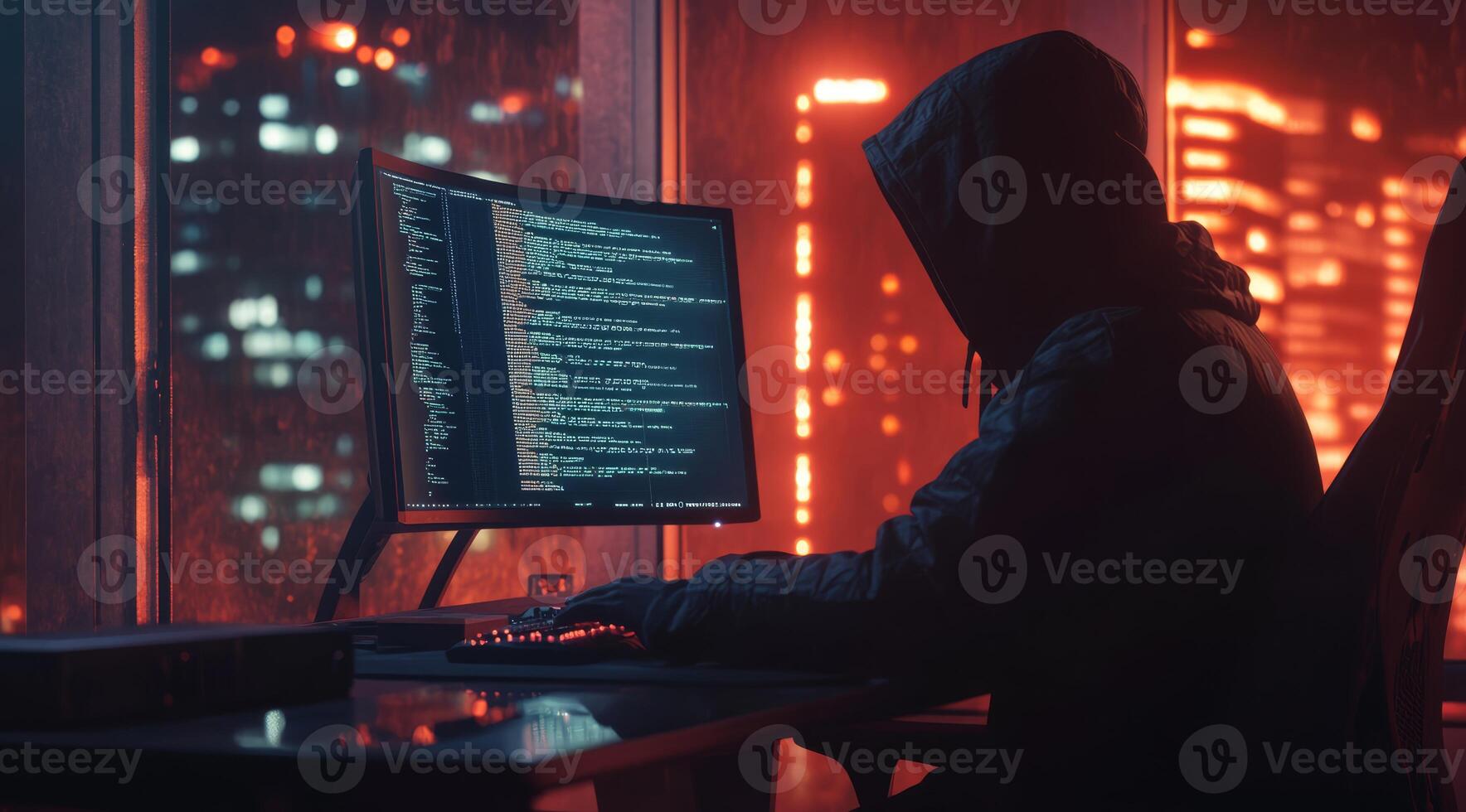 In a dim room with vibrant city lights reflecting off the windows, a mysterious hacker in a dark hoodie types intensely on a computer, exploring complex themes of technology and cyber activity photo