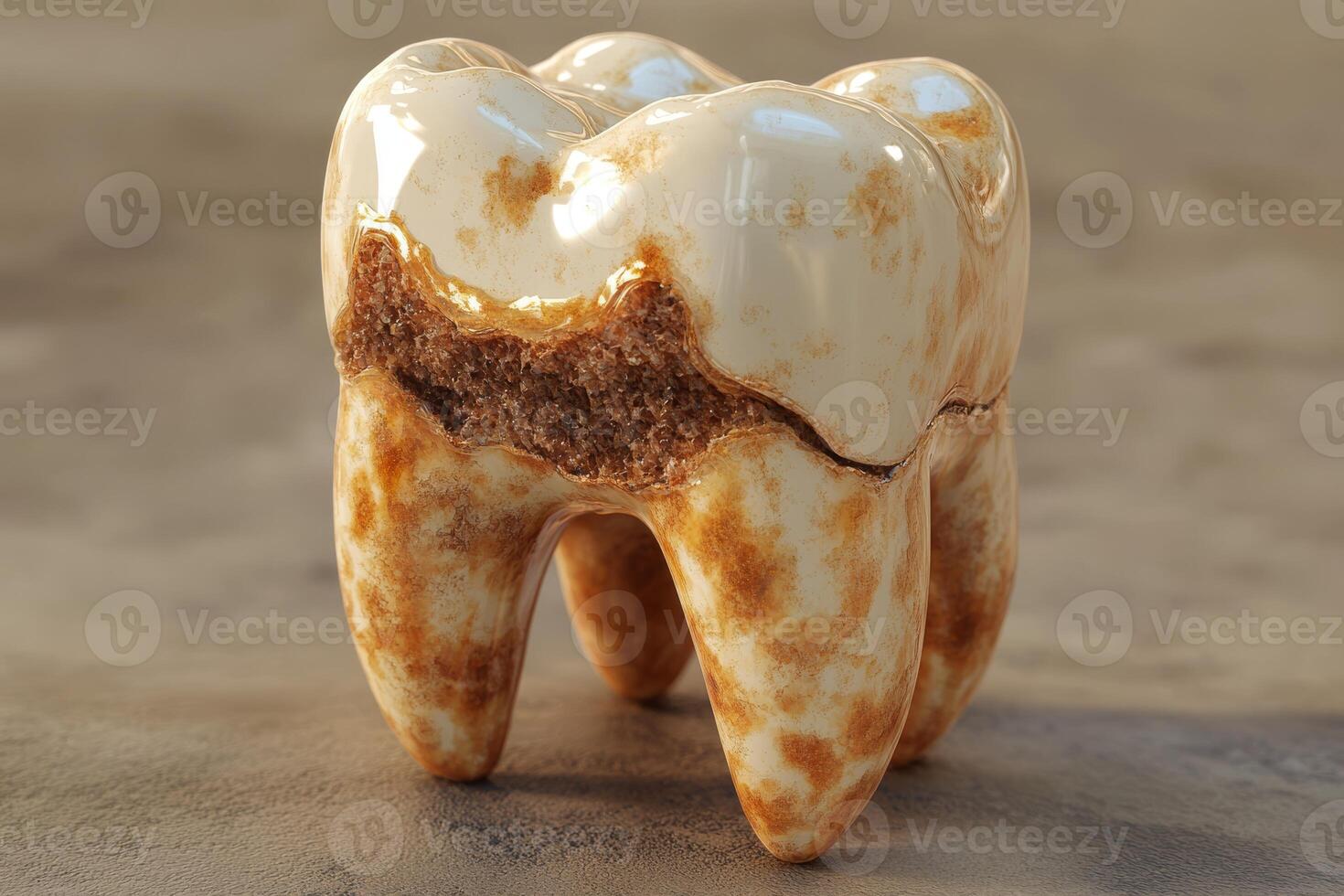 This realistic 3D model depicts a decayed tooth with plaque and damage, emphasizing dental health issues for improved education and awareness of oral hygiene and treatment options photo