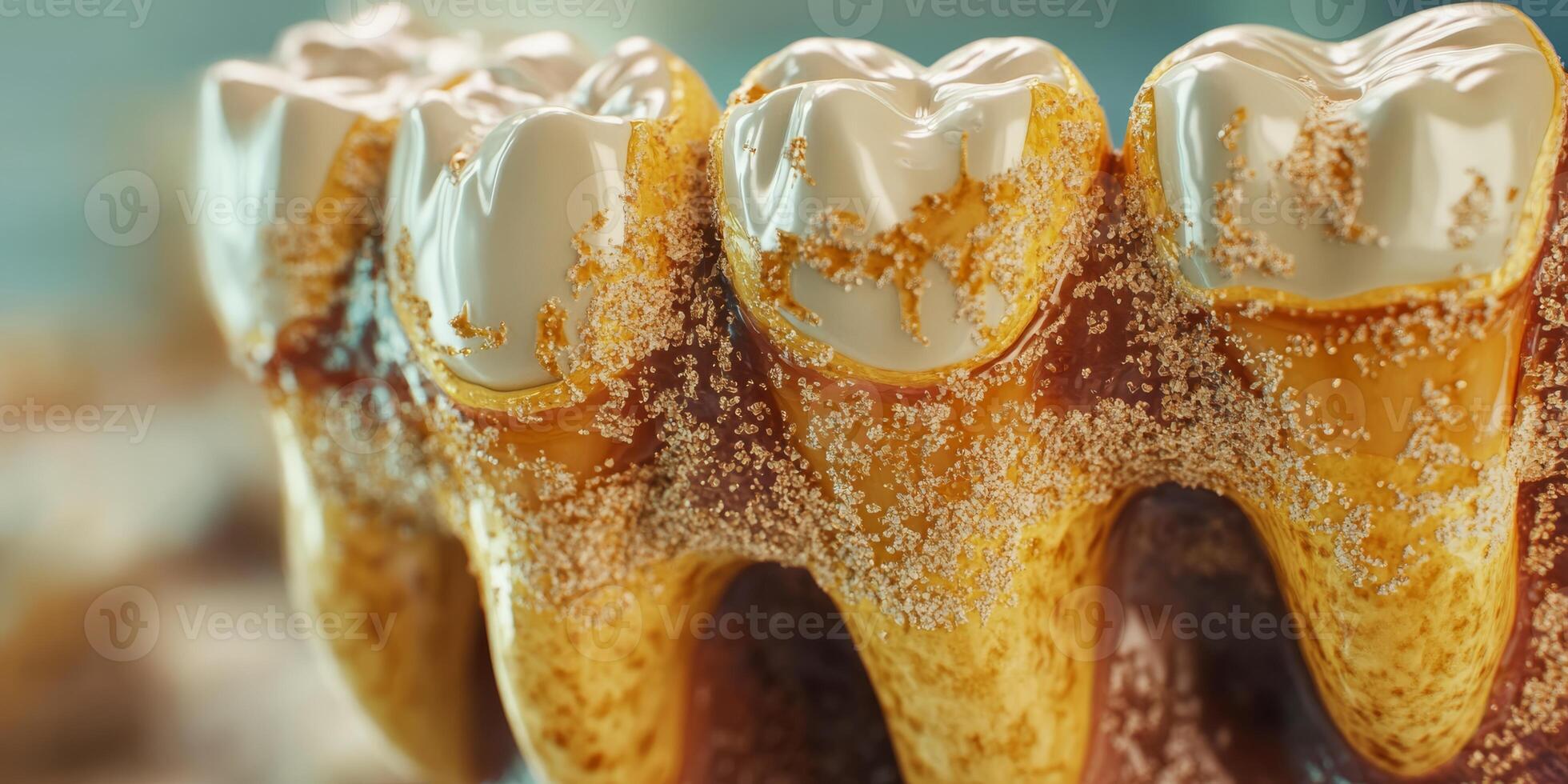 This detailed 3D model of a decayed tooth illustrates plaque buildup and cavities, highlighting critical dental health issues and the need for regular oral hygiene to prevent them photo