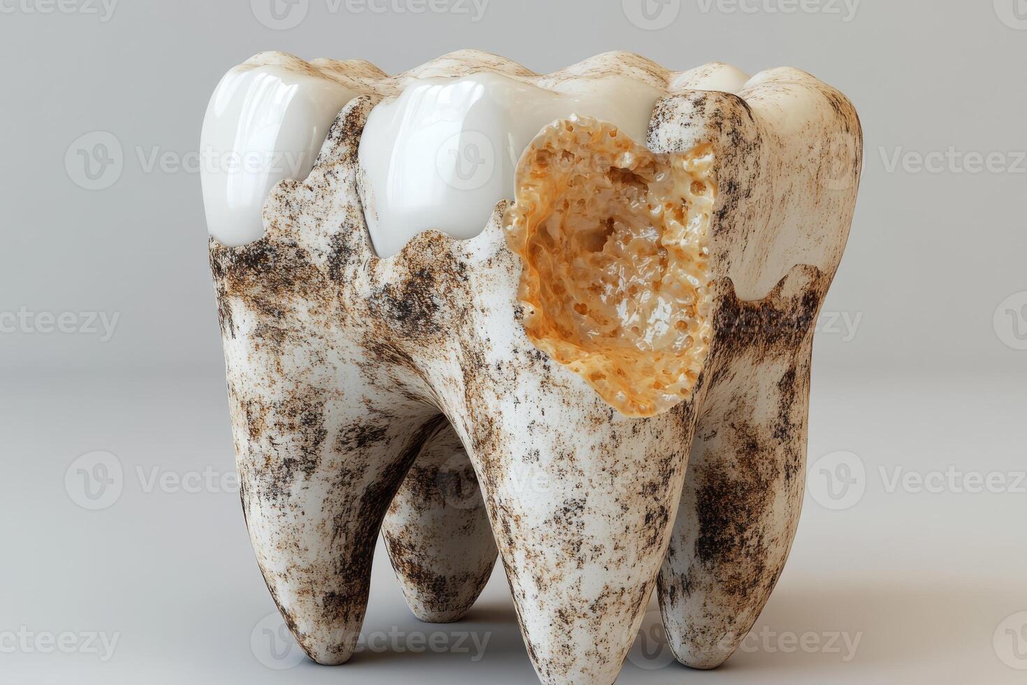 This detailed 3D model shows an unhealthy tooth with decay and plaque, highlighting dental issues and the need for good oral hygiene to prevent complications and promote better dental health photo