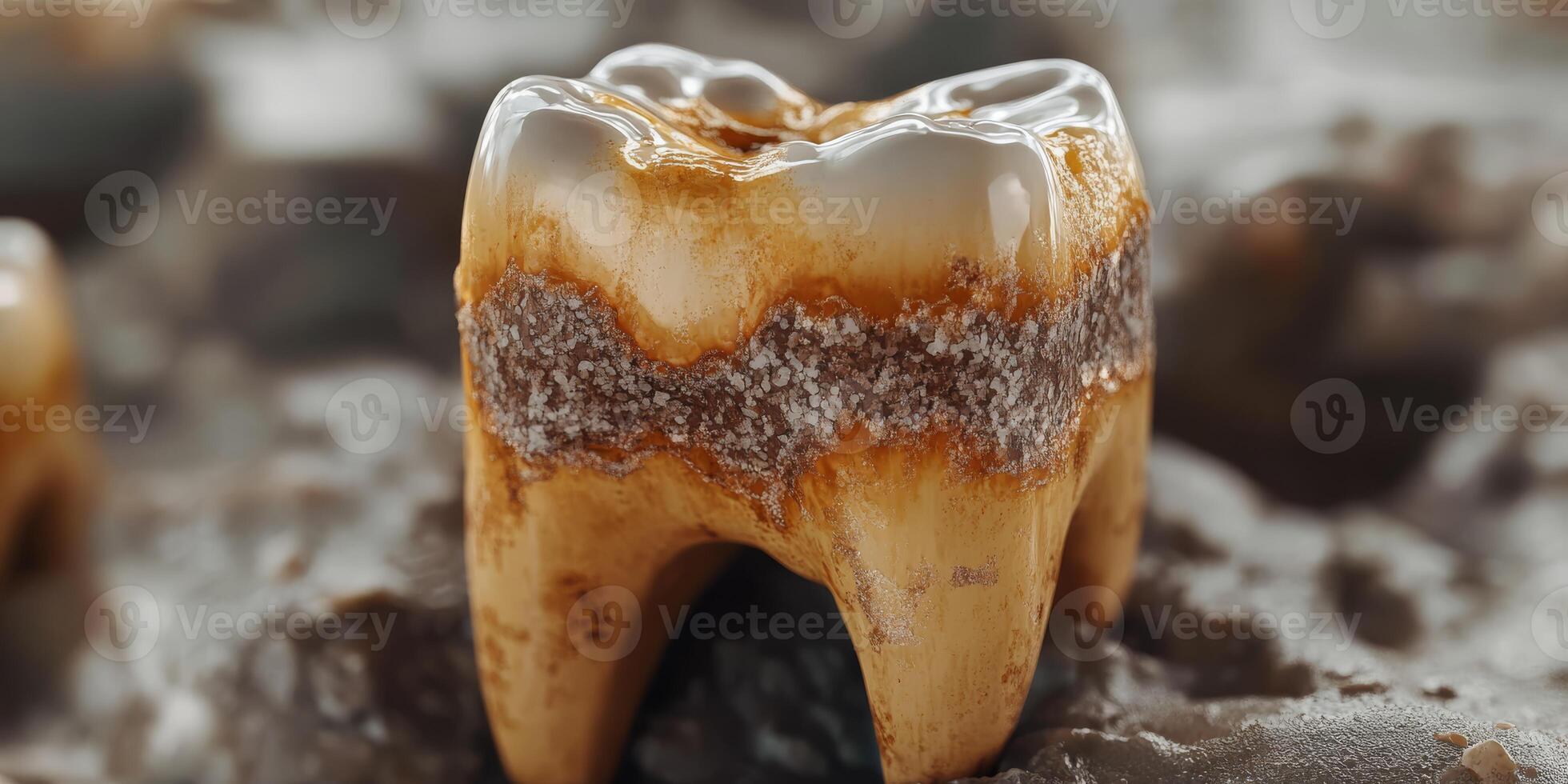 This detailed 3D model of a decayed tooth shows significant plaque buildup and cavities, serving as an ideal resource for dental education and promoting the importance of oral hygiene photo