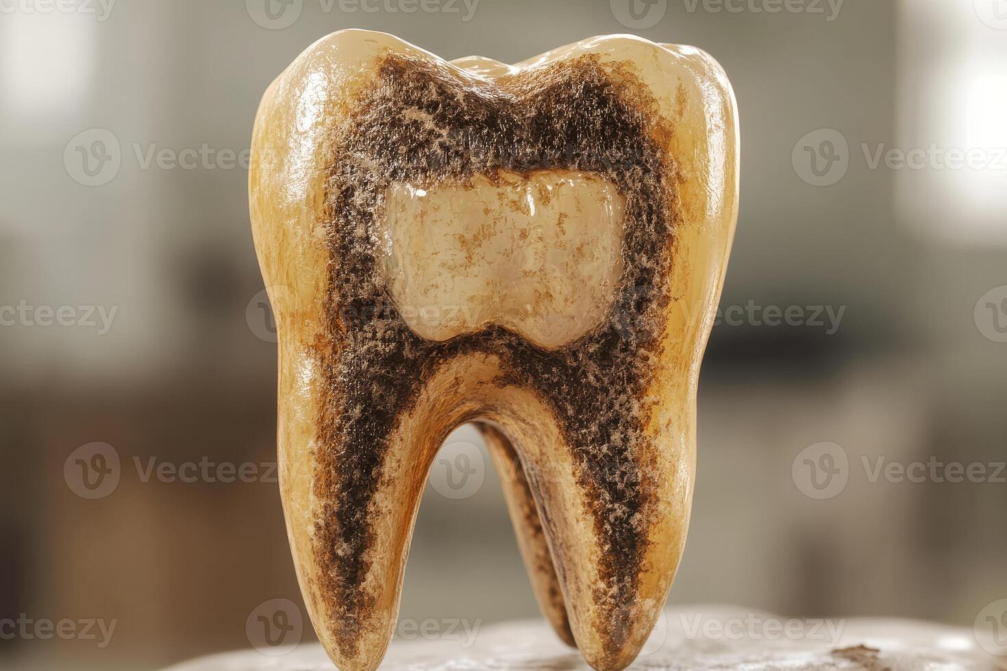 This detailed 3D model of a decayed tooth illustrates plaque buildup and various unhealthy conditions, ideal for educating and raising public awareness about dental health and hygiene photo