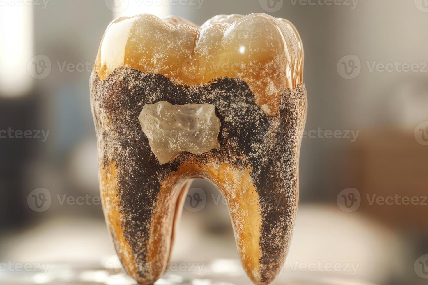 A highly detailed and carefully rendered 3D representation of a decayed tooth that effectively showcases the plaque buildup and significant damage, illustrating important dental health issues photo
