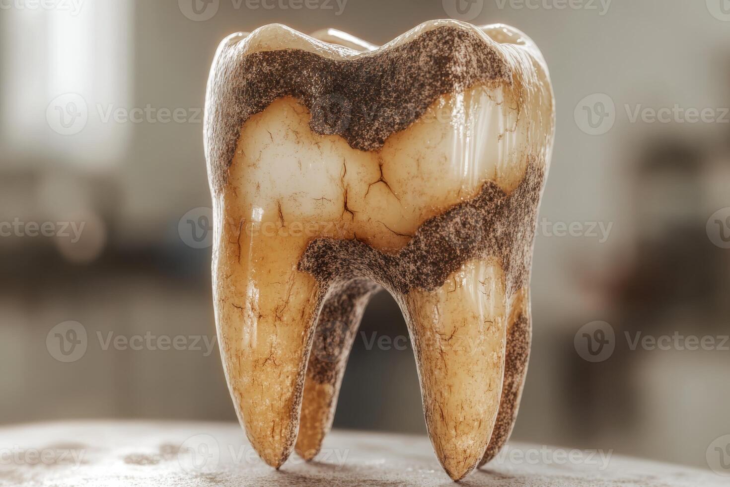 A comprehensive and intricate 3D model that illustrates a decayed tooth, featuring prominent visible plaque buildup, effectively highlighting various significant dental health issues that can arise photo