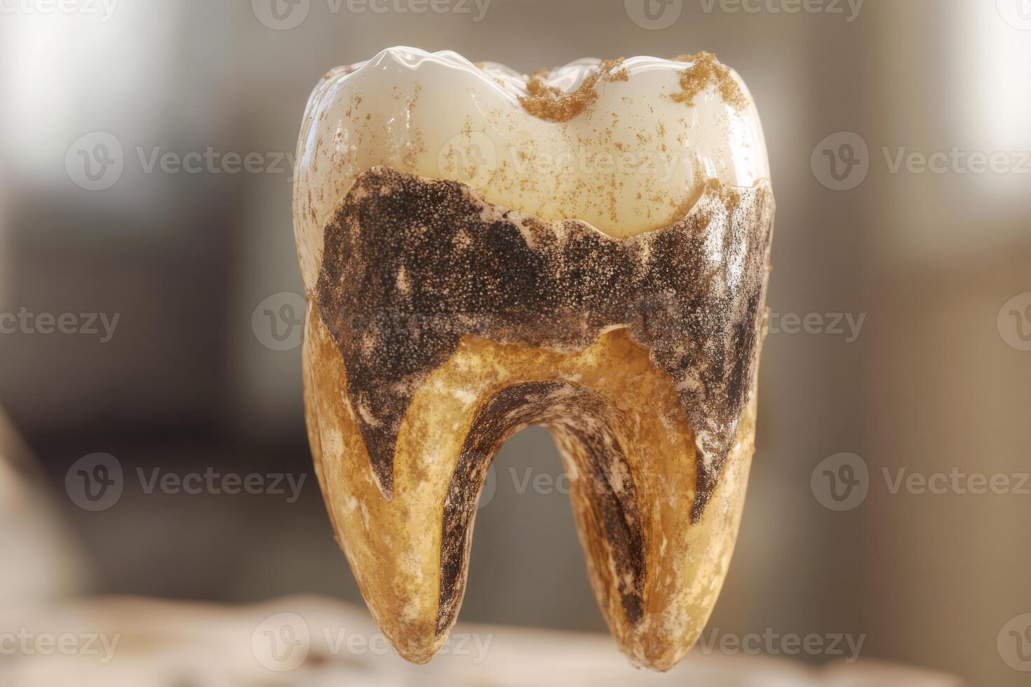 This 3D model shows an unhealthy tooth with decay and cavities, serving as an educational tool for teaching dental health and hygiene, and promoting oral care awareness for all ages photo