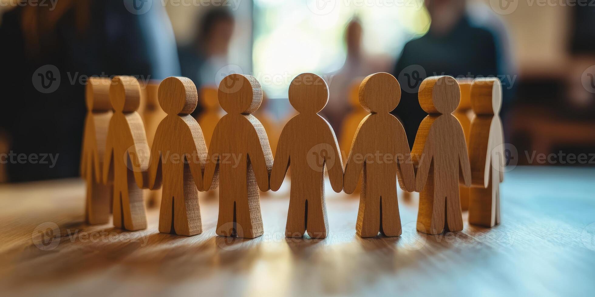 A crafted circle of wooden human figures symbolizes teamwork, unity, and community spirit, highlighting the strength in collective actions and collaboration among diverse individuals photo
