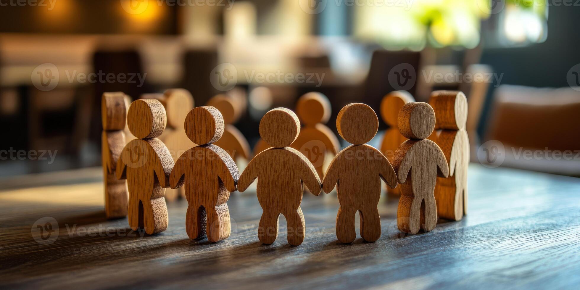 A crafted circle of wooden figures symbolizes teamwork, unity, and community, showcasing vital connections and collaboration, highlighting the importance of working together for a shared purpose photo