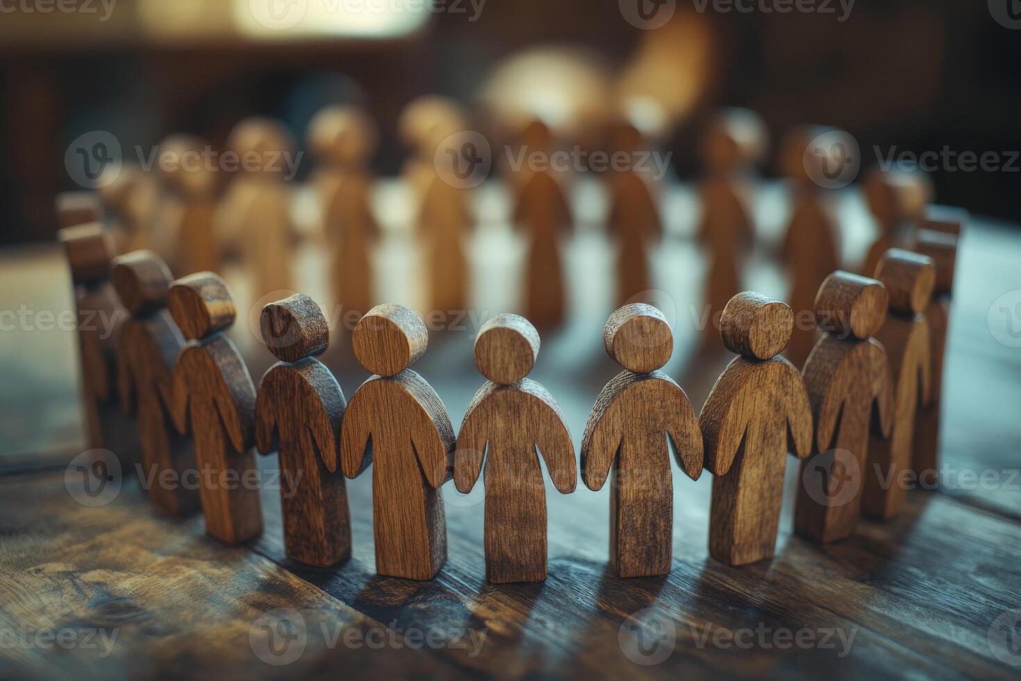 A beautifully crafted circle of intricately carved wooden figures symbolizes teamwork, unity, and community, highlighting the strength that emerges from collaboration towards a common goal photo
