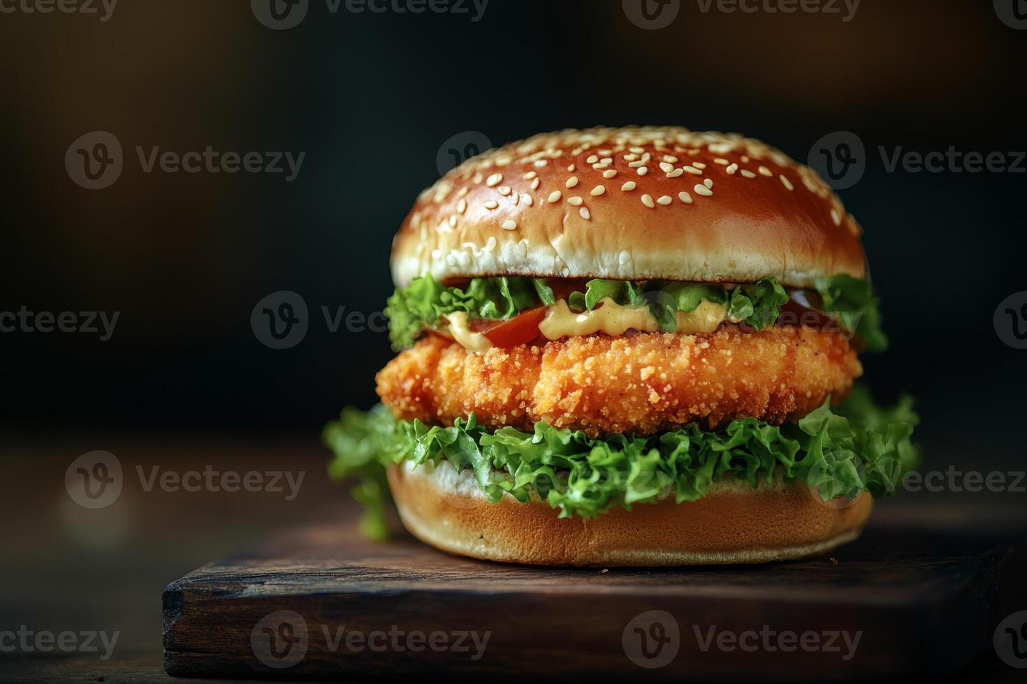 Indulge in a deliciously crispy chicken burger that features fresh and crunchy lettuce, flavorful juicy tomatoes, and our unique special sauce, all perfectly nestled within a soft sesame seed bun photo