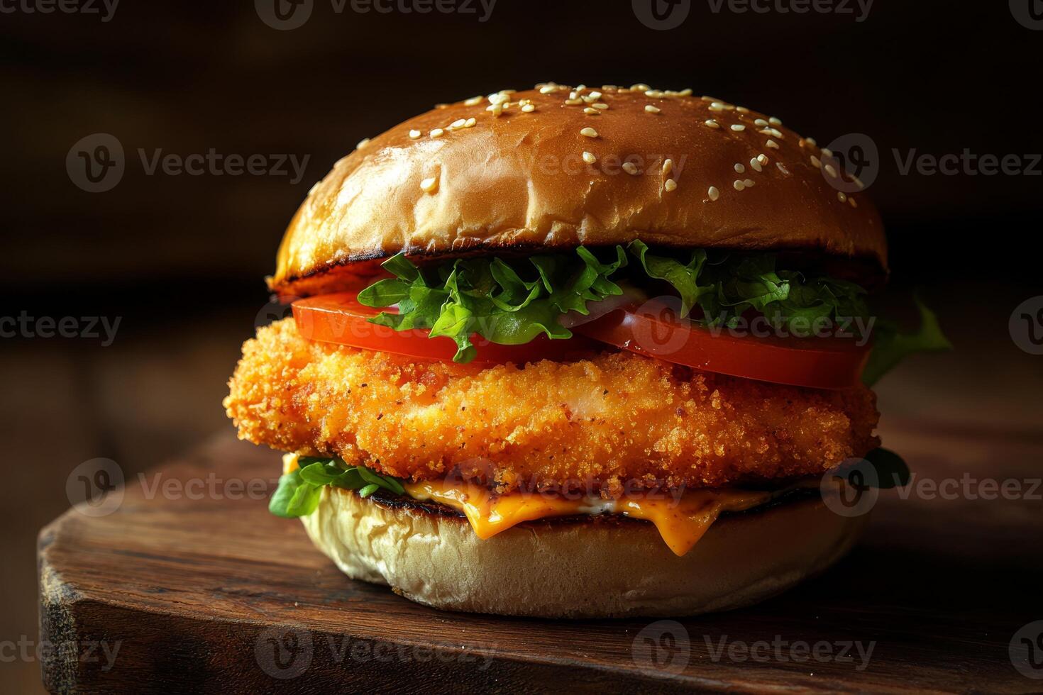 Enjoy a crispy chicken burger loaded with fresh lettuce, juicy tomato, and creamy cheese in a sesame seed bun. Its a mouthwatering delight that satisfies any food lovers cravings photo