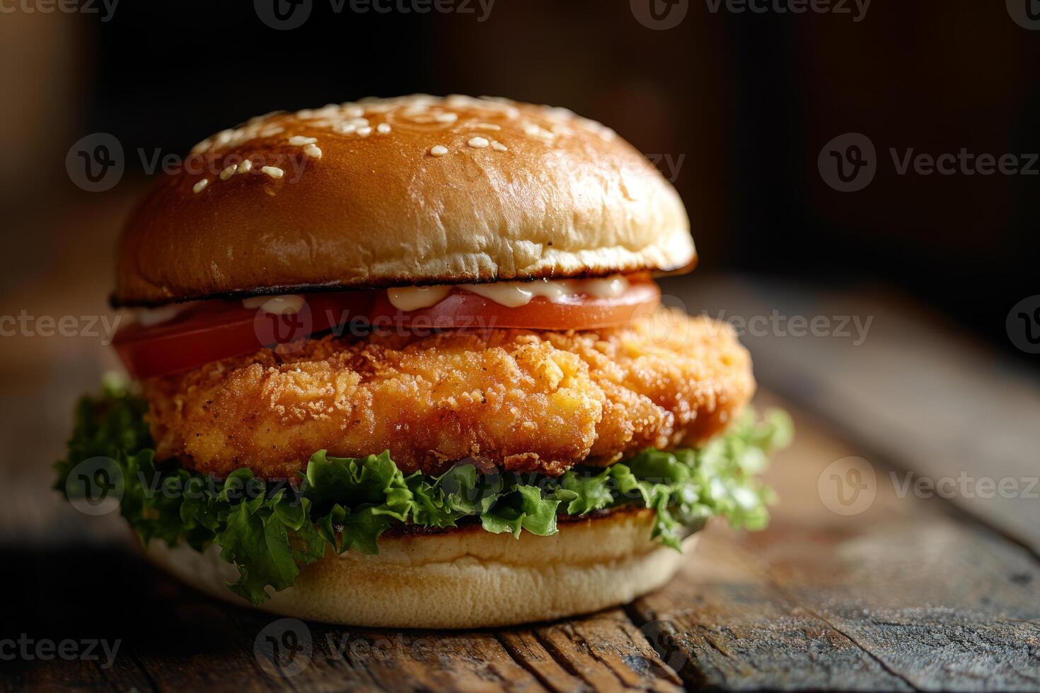 Indulge in this truly crispy and flavorful chicken sandwich that comes complete with fresh lettuce, ripe tomato, and a deliciously creamy sauce, all perfectly nestled in a soft sesame seed bun photo
