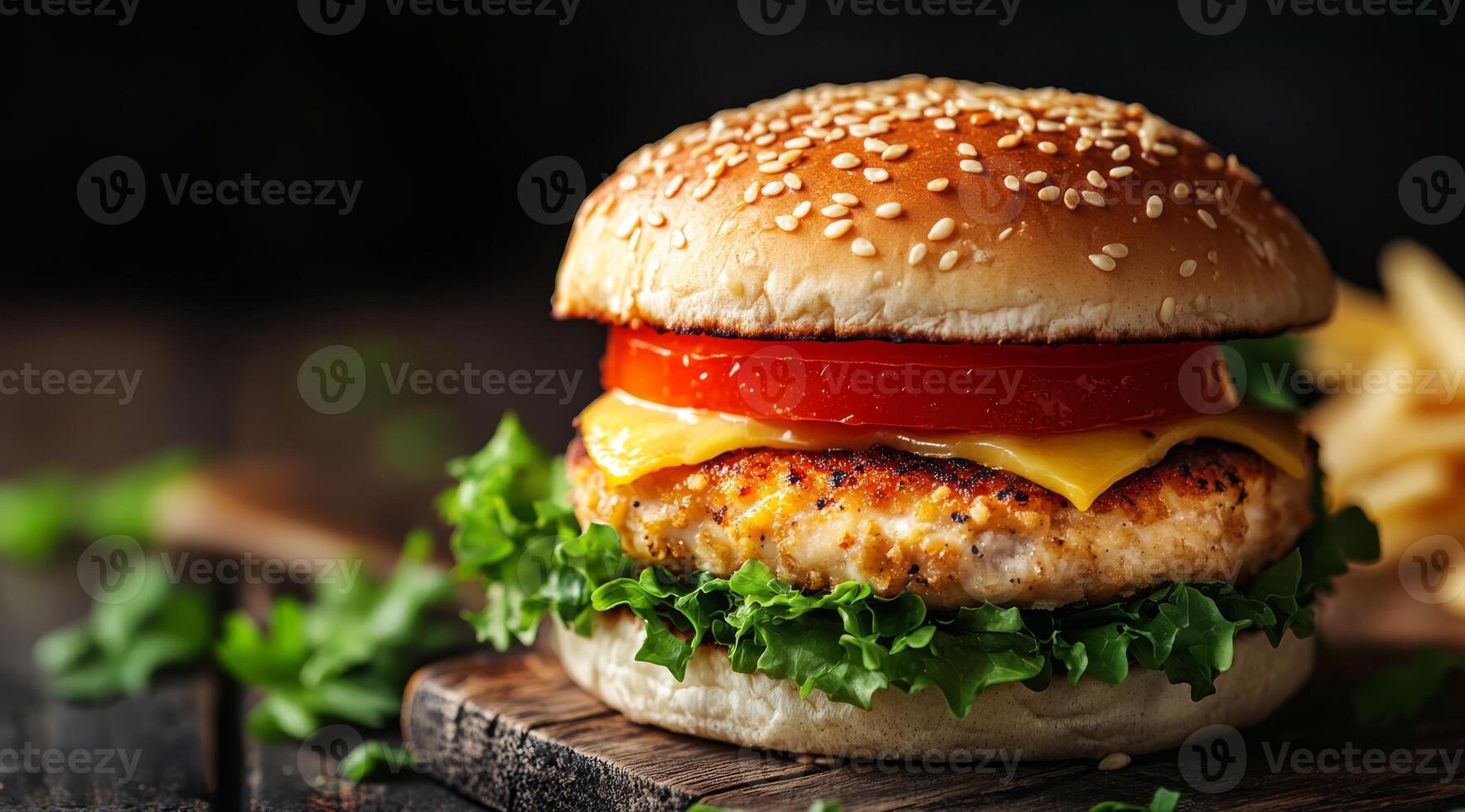 Enjoy a tasty chicken burger topped with fresh lettuce, juicy tomatoes, and melted cheese, paired with crispy fries for an unforgettable dining experience youll want to have again photo