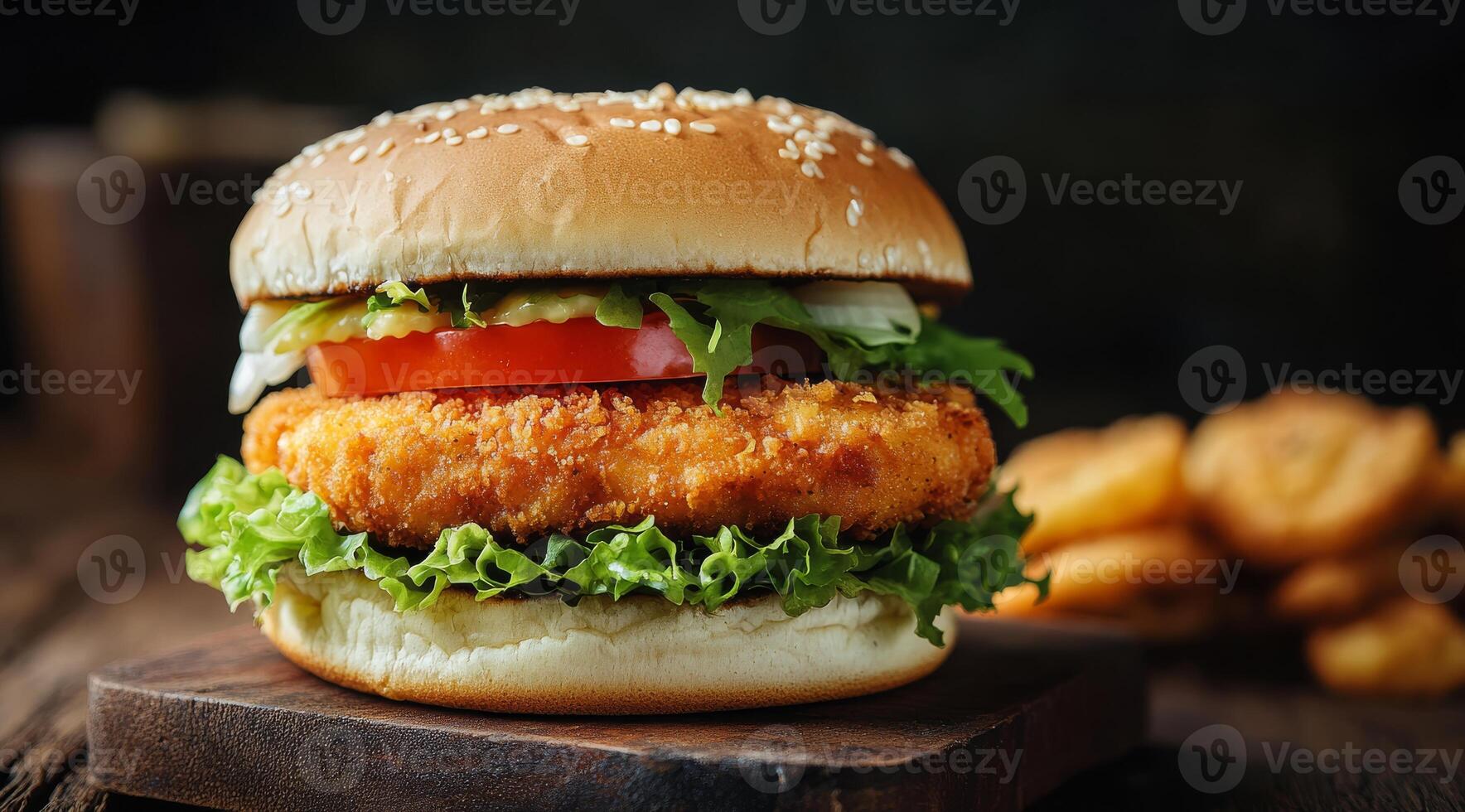 Indulge in a savory, crispy chicken burger featuring fresh lettuce, ripe tomato, tangy pickles, and a soft sesame seed bun. This dish is perfect for a delicious meal at any time of day photo
