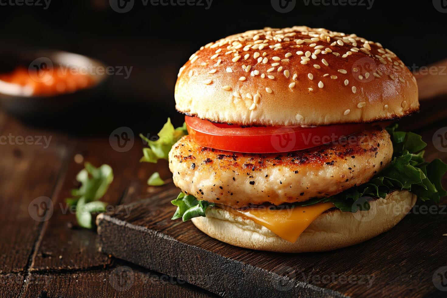 Enjoy a delicious chicken burger topped with crisp lettuce, juicy tomatoes, and creamy cheddar cheese, all in a soft sesame seed bunideal for lunch, dinner, or a picnic with friends and family photo