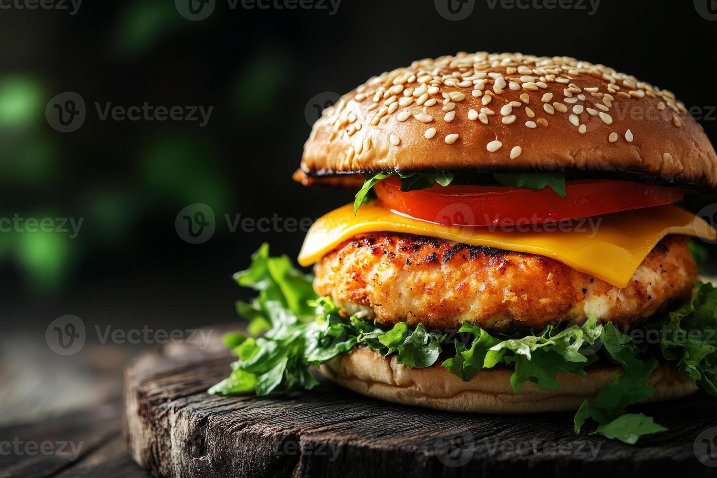 Savor the irresistible flavors of a perfectly crispy chicken burger, generously topped with delicious melted cheese, fresh lettuce, and ripe tomatoes, all nestled within a delightful sesame seed bun photo