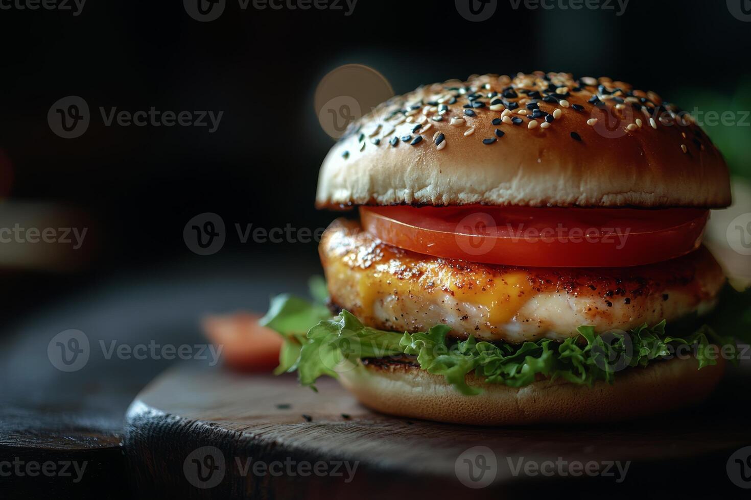 Savor the taste of this succulent grilled chicken burger topped with fresh lettuce, juicy tomatoes, and a sesame seed bun photo