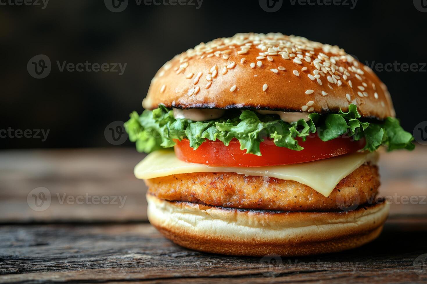 Enjoy a tasty chicken burger topped with fresh lettuce, juicy tomatoes, and melted cheese, all nestled in a soft sesame seed bun for an unforgettable flavor experience youll love photo