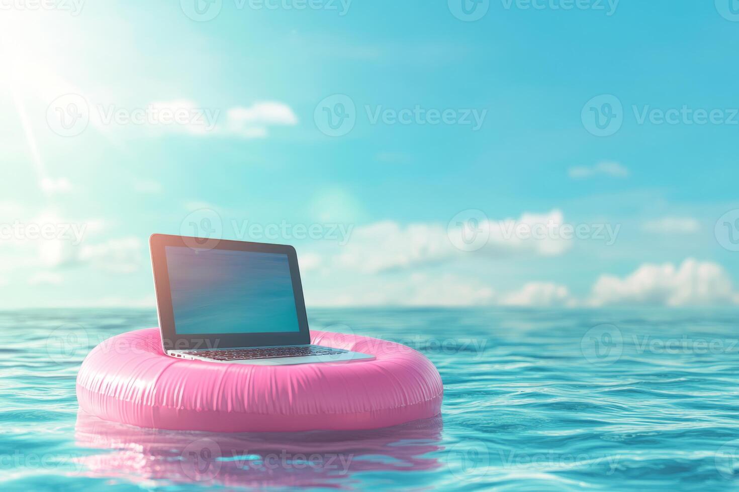 A laptop on a pink pool float in calm waters symbolizes a workaholics demanding life while hinting at the essential leisure and relaxation needed to rejuvenate the soul in a busy world photo