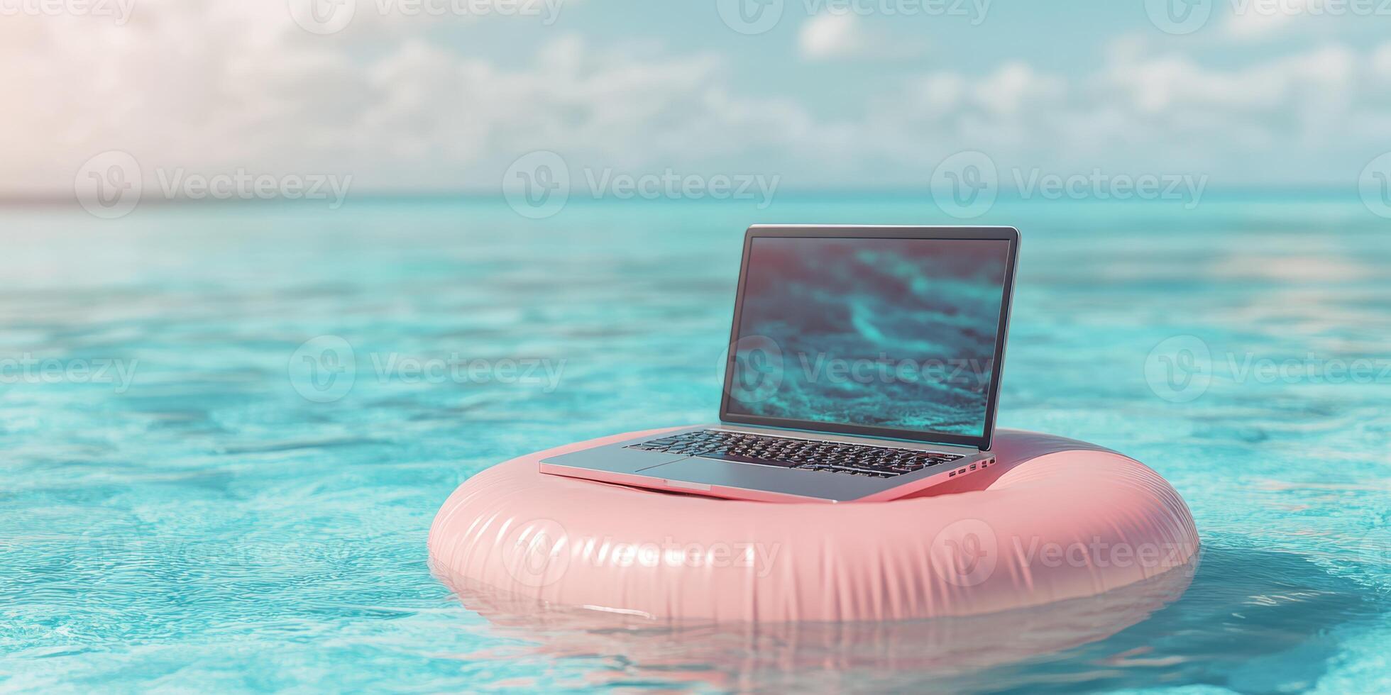 A sleek laptop casually rests on a vibrant pink pool float, gently bobbing in the clear, inviting water, which symbolizes the modern blend of work and leisure for todays dedicated workaholics photo