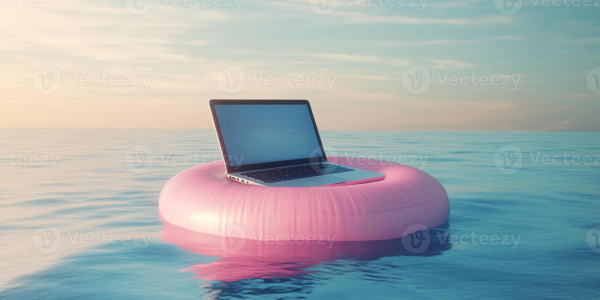 A laptop rests on a pink pool float, bobbing in calm waters, symbolizing the blend of focused work, productivity, and relaxation in a vibrant setting that inspires creativity and new ideas photo