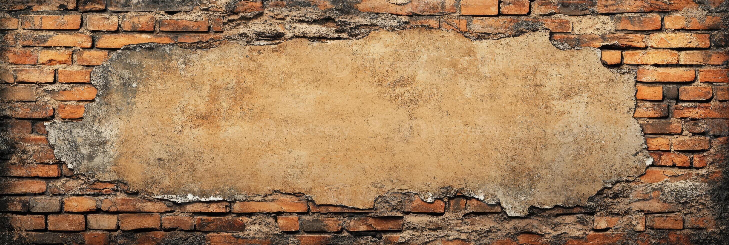 A weathered brick wall with an uneven, rough surface and a blank area perfect for text or creative designs. This setting is ideal for showcasing messages or unique artwork in a vintage, rustic style photo