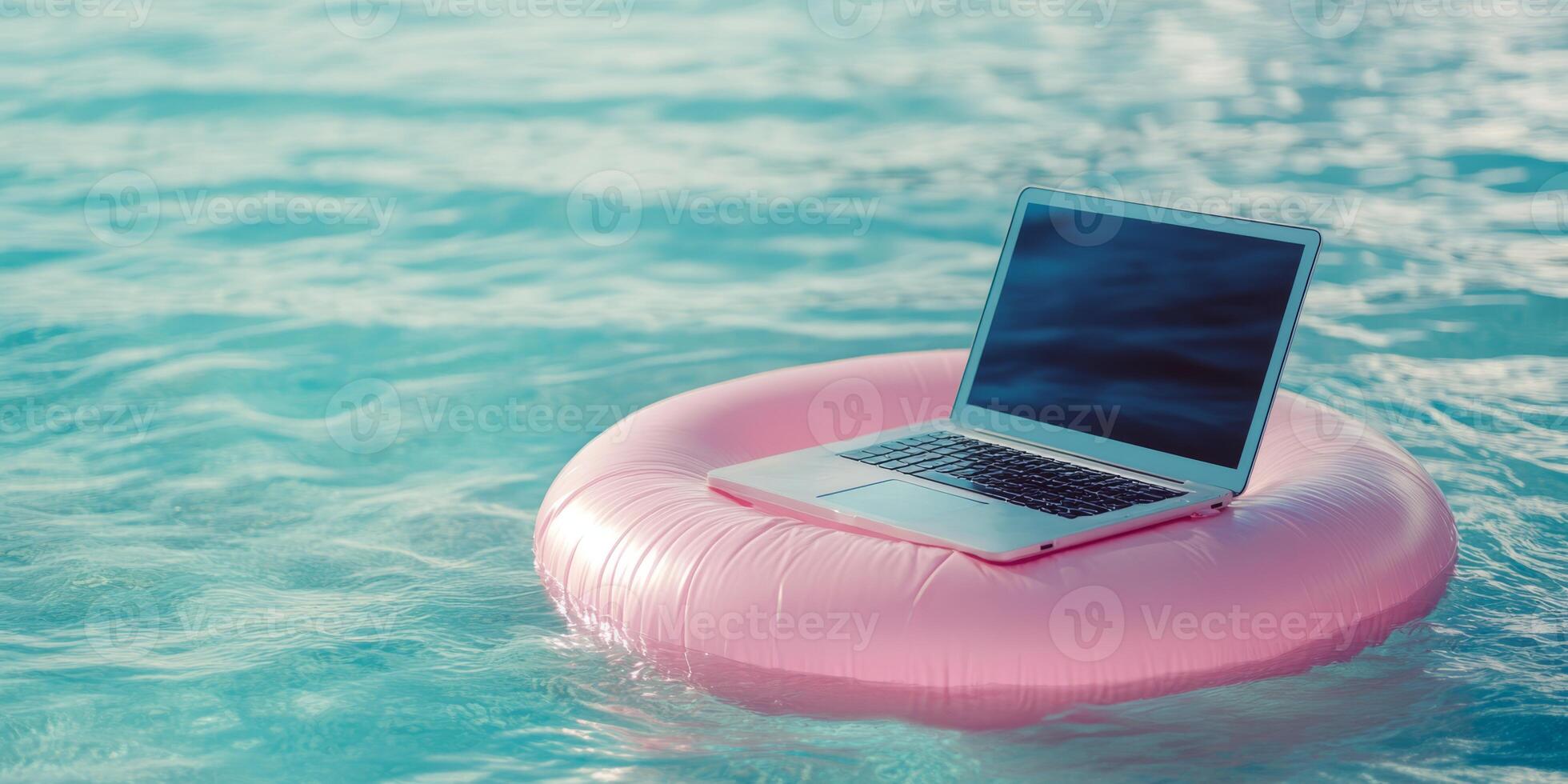 A modern laptop rests on a pink pool float, representing the balance between work and essential relaxation for busy professionals. This image emphasizes the need to unwind amid work demands photo