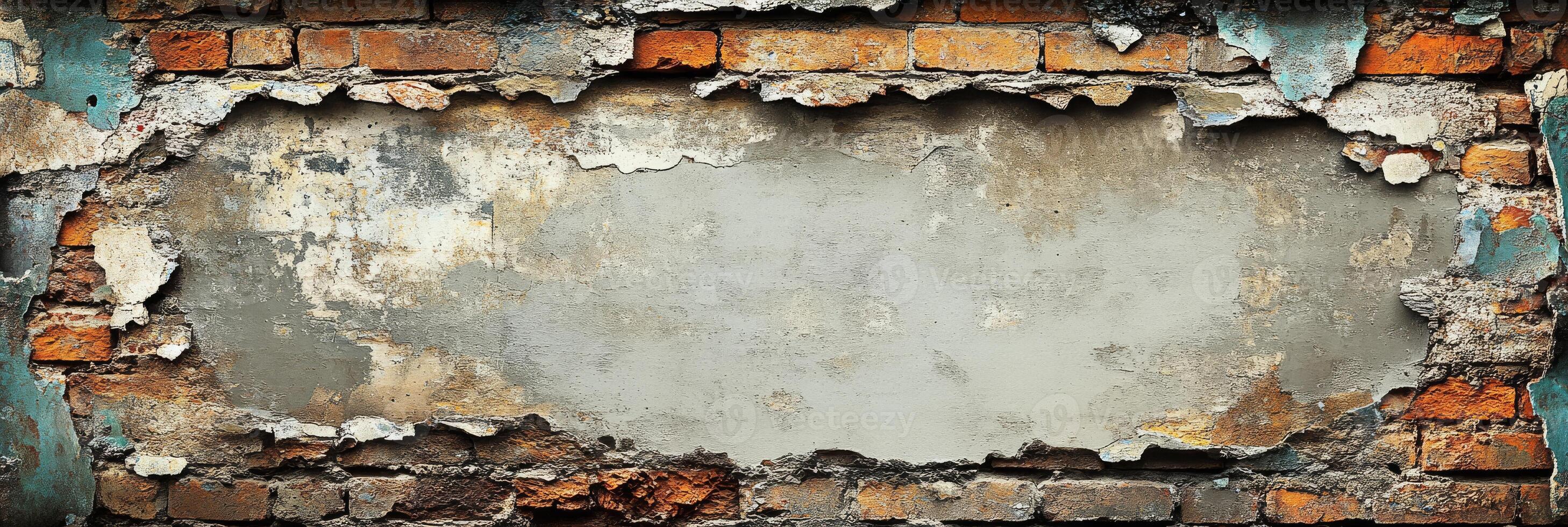 This captivating image displays a weathered brick wall with peeling plaster and a blank space, making it perfect for backgrounds or design projects while offering a strong visual aesthetic photo