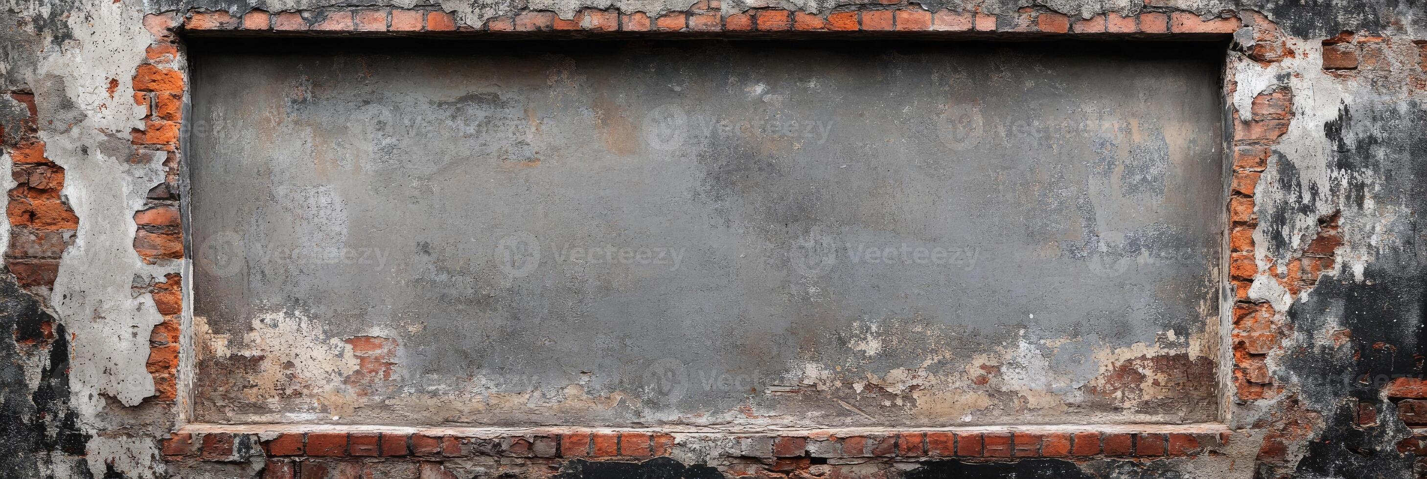 An aged and weathered metallic surface, beautifully framed by rustic bricks, perfectly suitable for showcasing text or images in an appealing vintage style that exudes charm and character photo