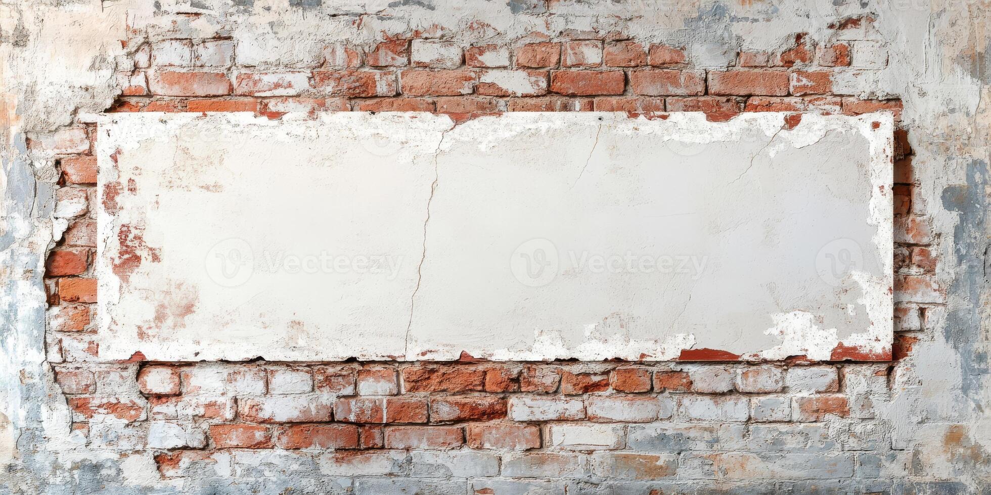 This weathered brick wall features an intriguing display of peeling paint, adorned with a wide blank white space, ideal for creatively adding your own text or any unique graphics you desire photo