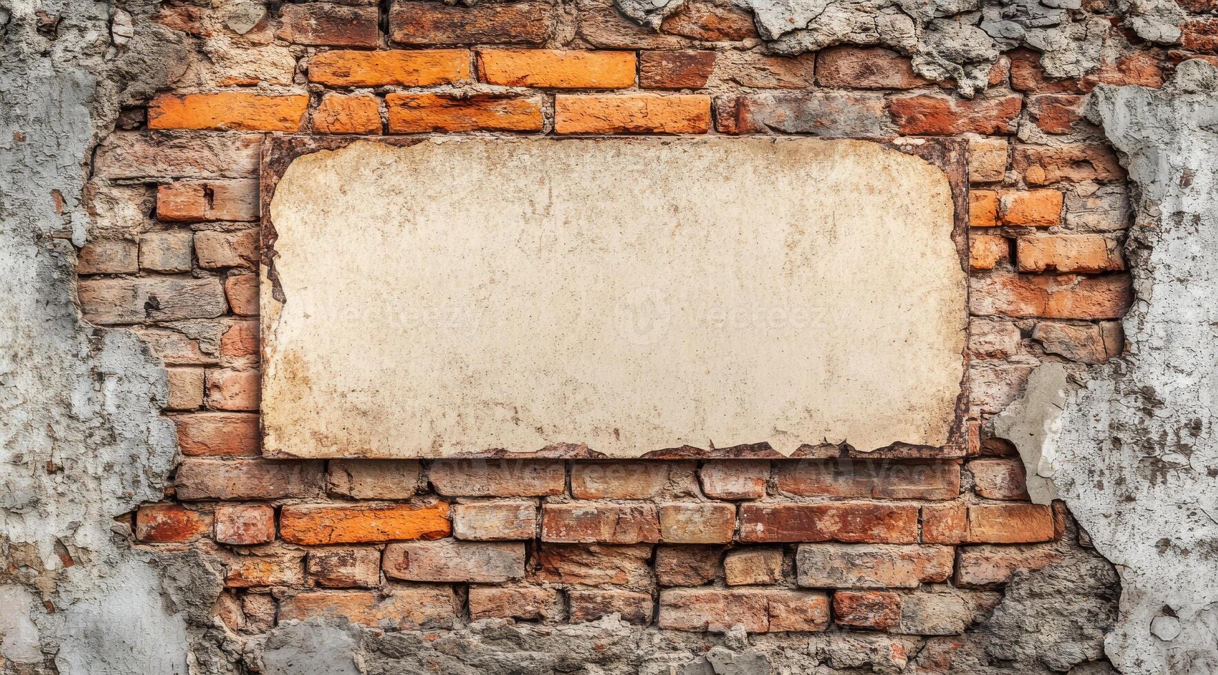 The charming brick wall has a beautifully weathered surface with a blank area, ideal for custom text or graphics that attract the attention of admiring passersby in the lovely surroundings photo
