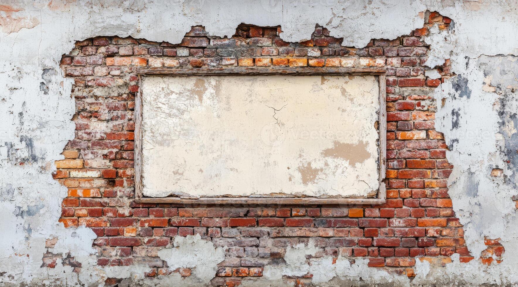 A weathered brick wall with a distressed look and a blank area ideal for custom text or graphics. This backdrop is perfect for rustic design themes, enhancing artistic expressions photo